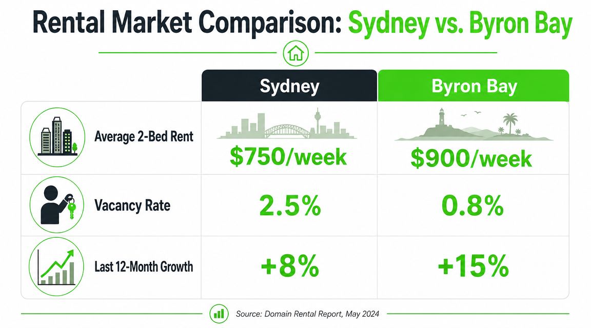A comparison chart showing rental market statistics for 2-bedroom properties in Sydney and Byron Bay, Australia.