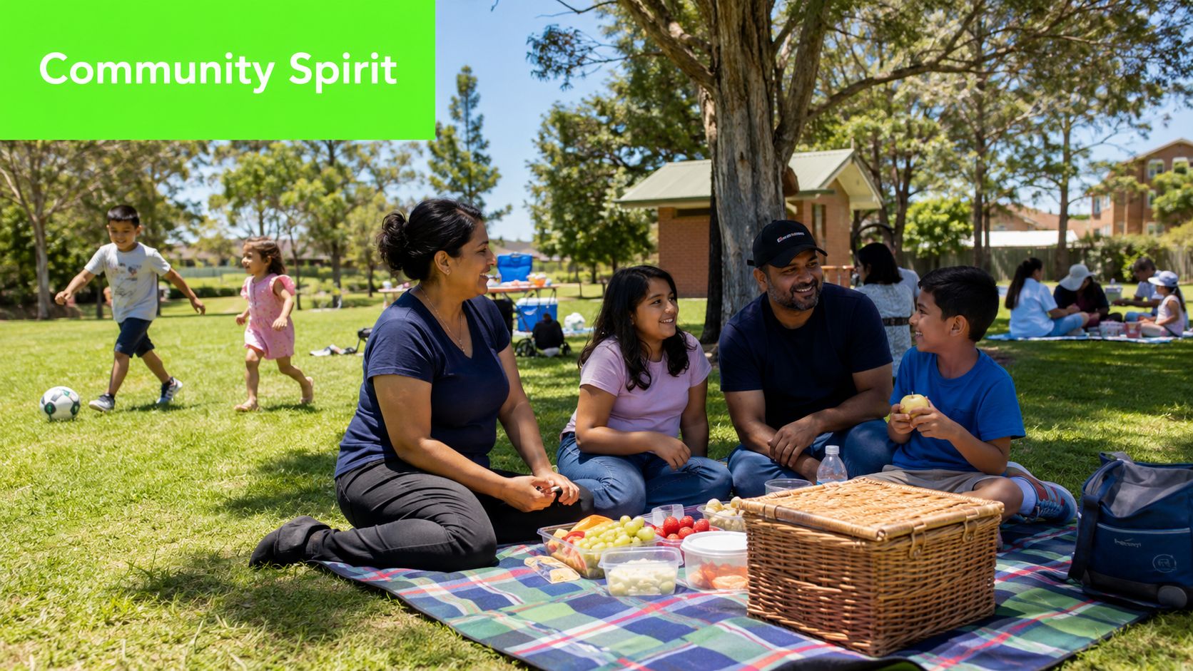 A family enjoys a sunny picnic on a green park lawn in Revesby, New South Wales, Australia.