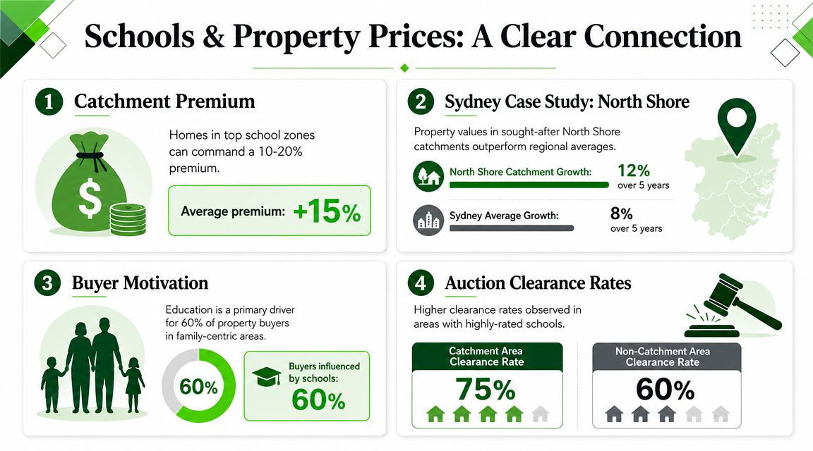 An infographic titled Schools and Property Prices detailing the financial impact of top-rated school catchments on real estate values.