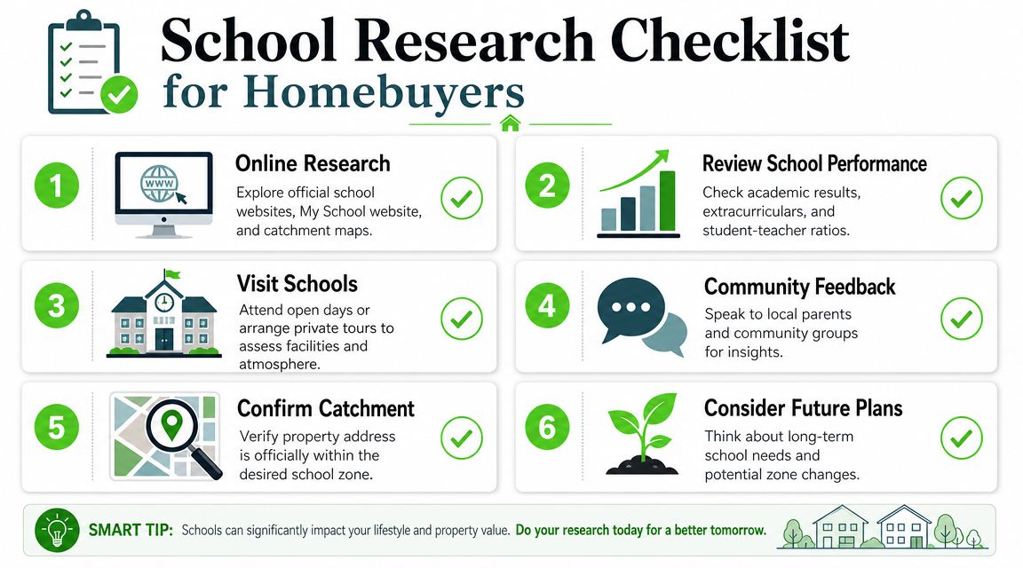A six-step checklist for homebuyers to research schools, including visiting, checking catchments, and reviewing performance.