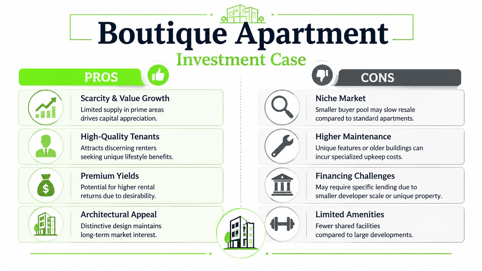 A comparative infographic outlining the investment pros and cons of boutique apartments in real estate.