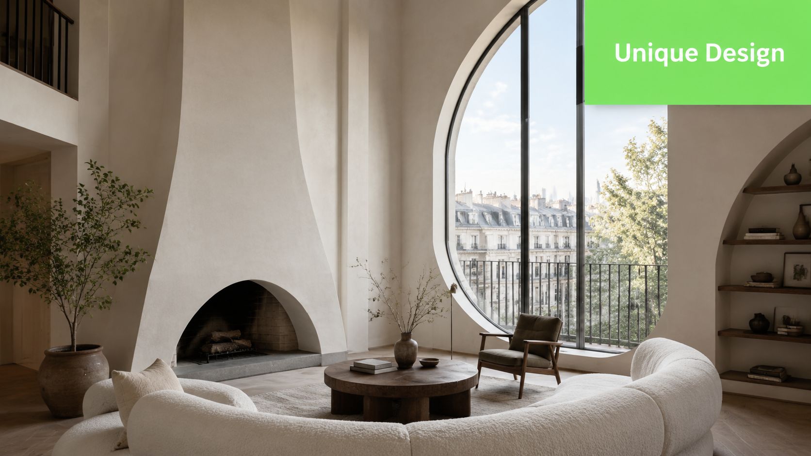 A modern boutique apartment living room featuring a curved sofa, unique fireplace, and a large circular window.