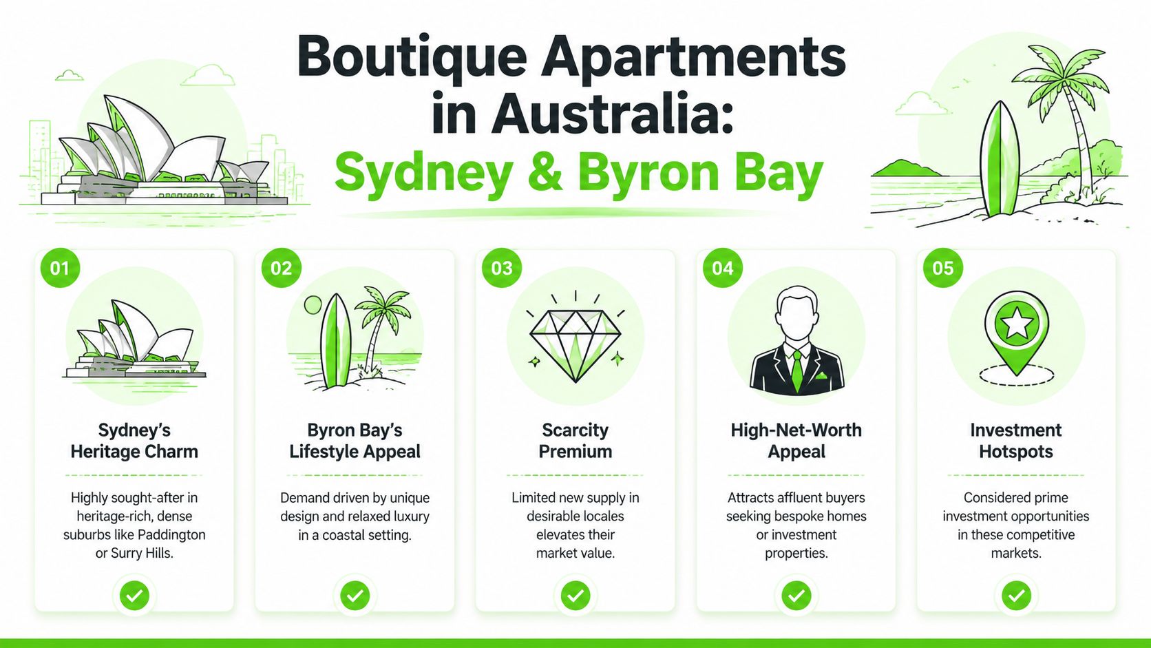 An infographic highlighting the appeal of boutique apartments in Sydney and Byron Bay for luxury investors.