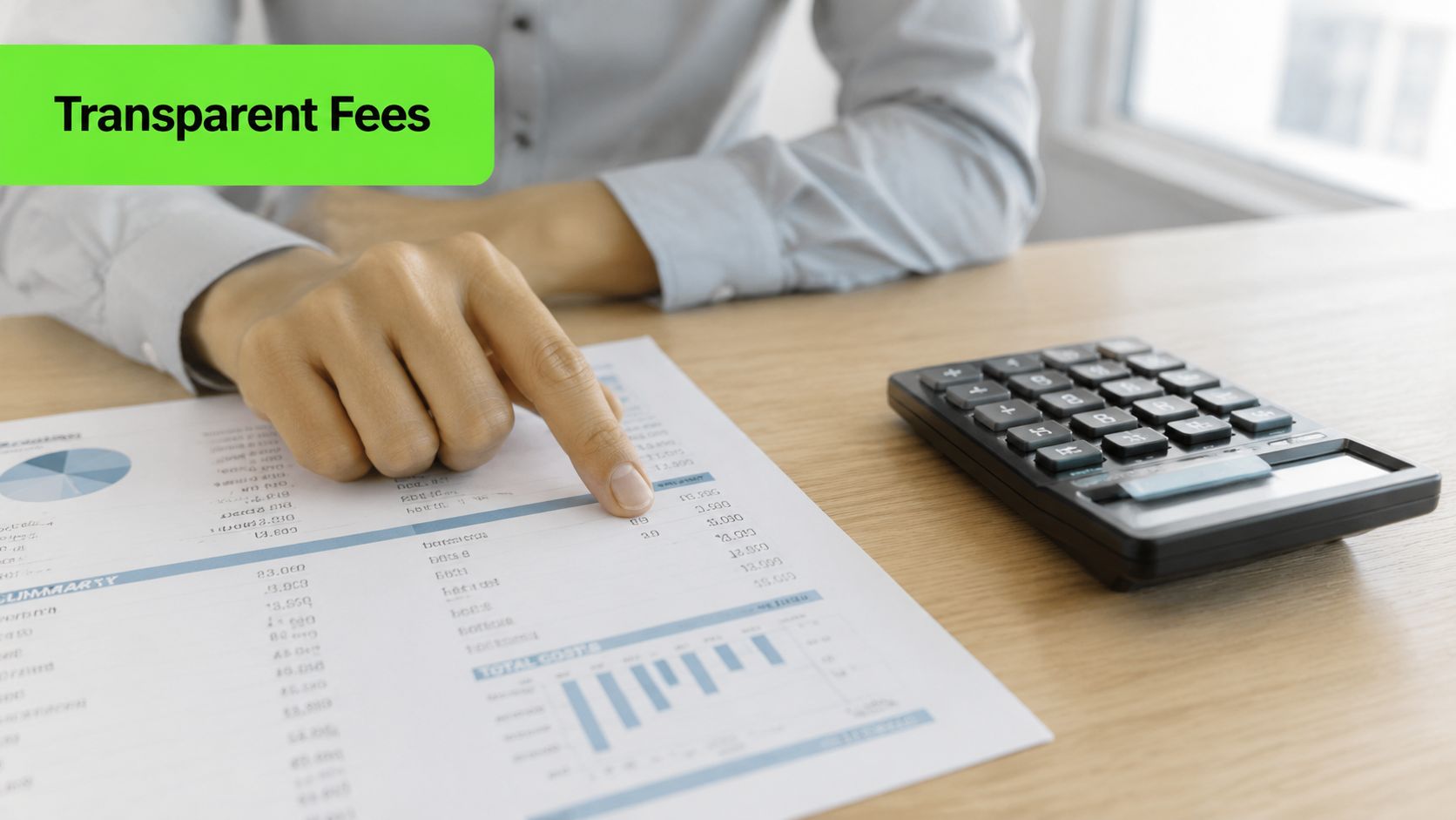 A professional analyzing a financial document with a calculator, illustrating transparent fees for property transactions.