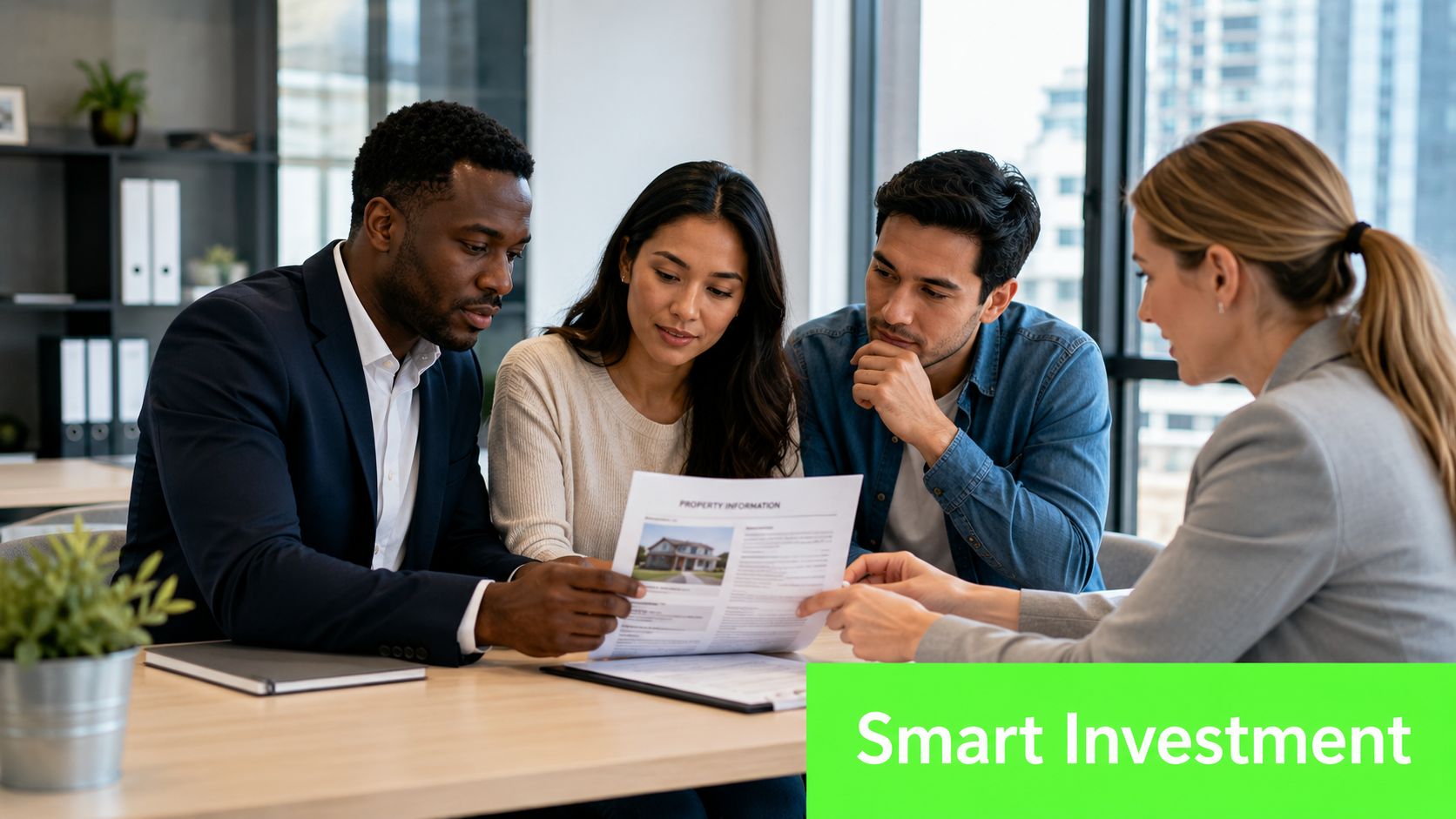 A professional real estate agent discusses property details with a young couple in a modern office meeting.