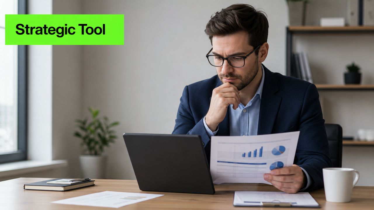 A professional man in a suit analyzing financial charts and reports while sitting at his desk.