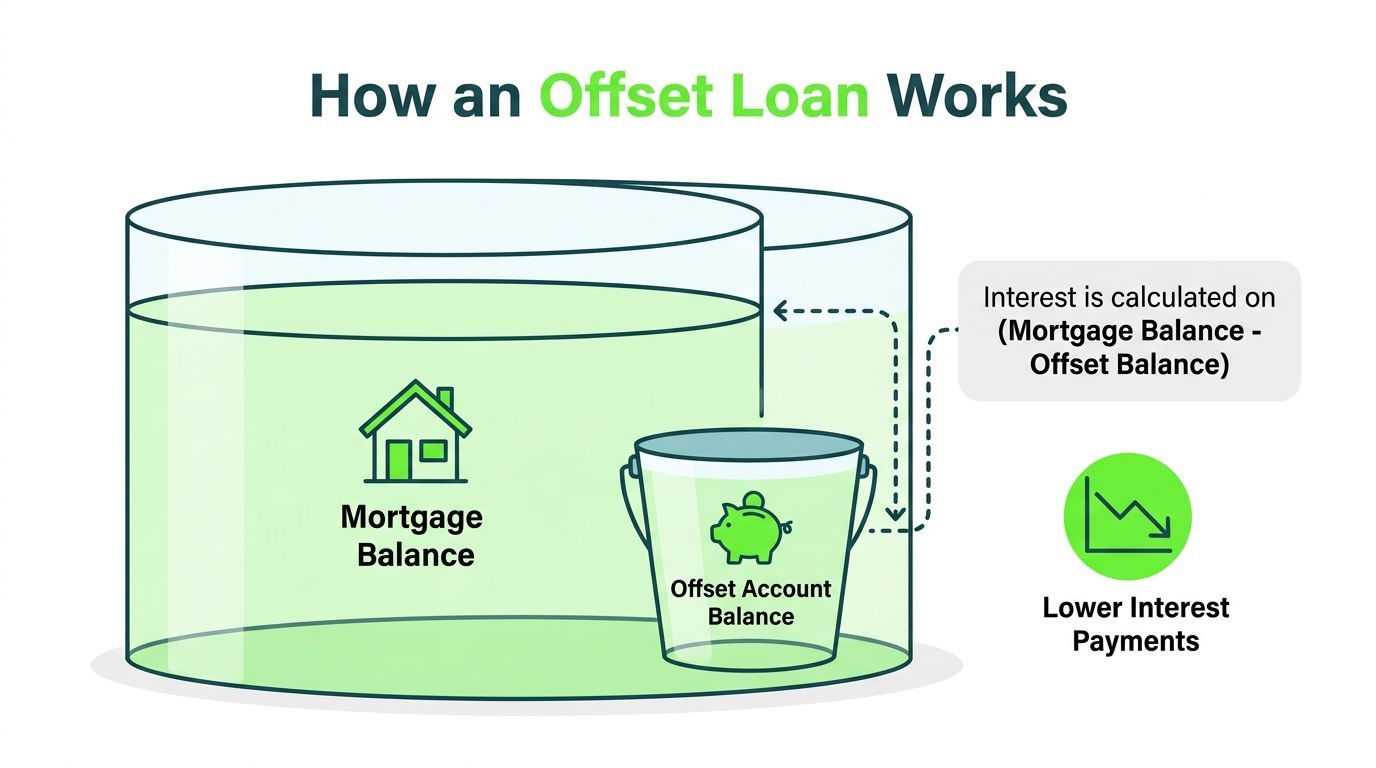 A visual representation showing how an offset loan works by reducing interest through an offset account balance.