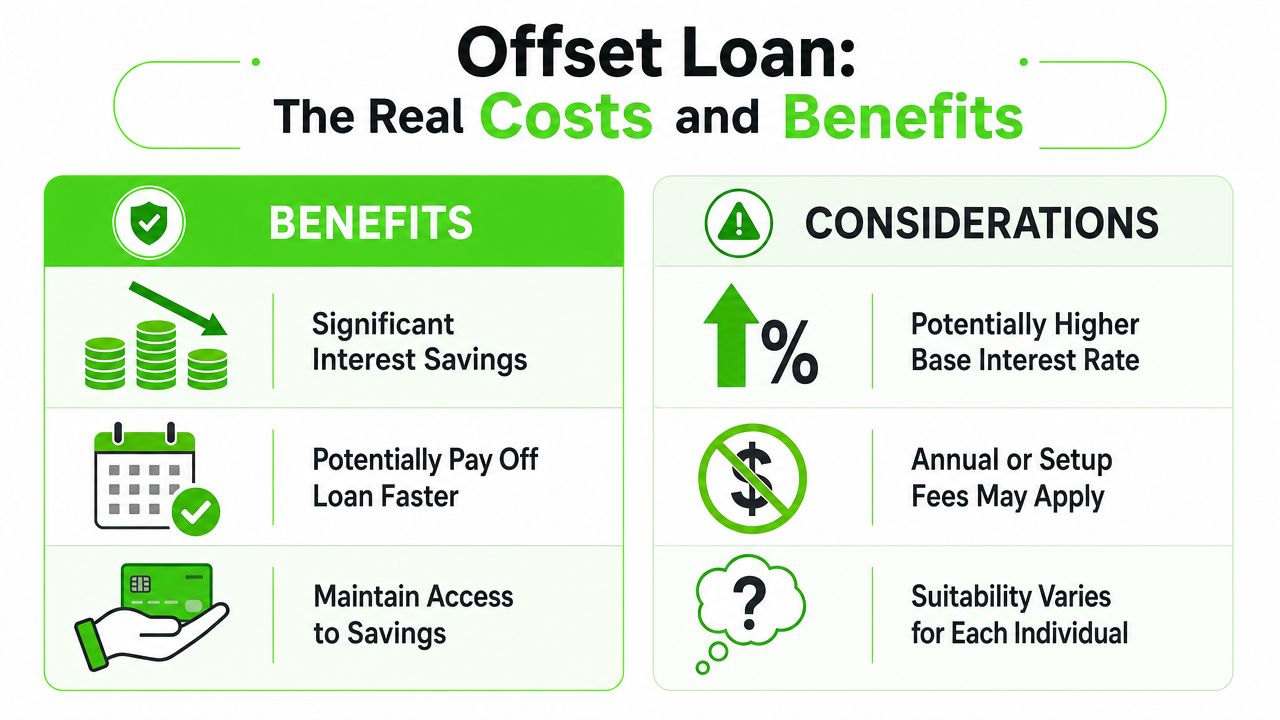 An infographic titled Offset Loan: The Real Costs and Benefits, listing pros and cons of offset mortgages.