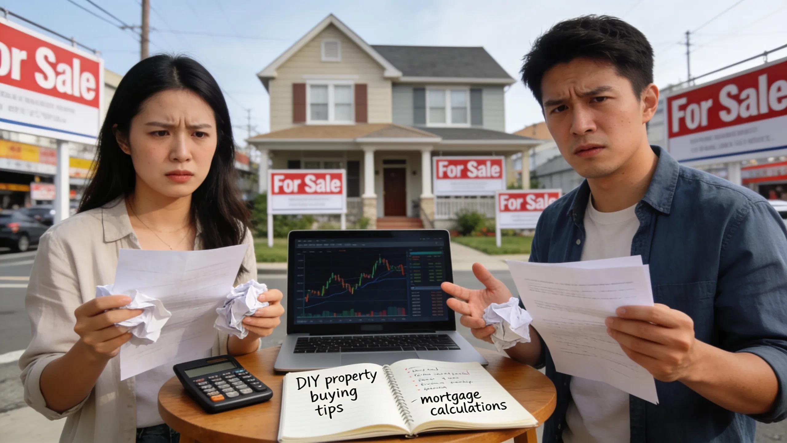 Couple overwhelmed with DIY property buying paperwork and market data on laptop