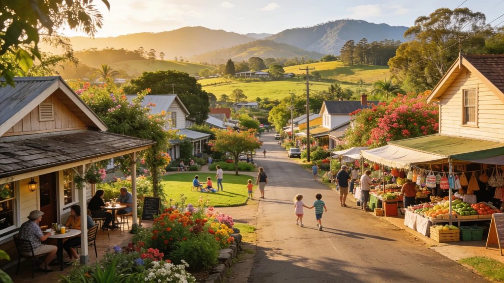 Charming village scene of Bangalow showcasing local houses and greenery, representing the idyllic lifestyle in Northern Rivers