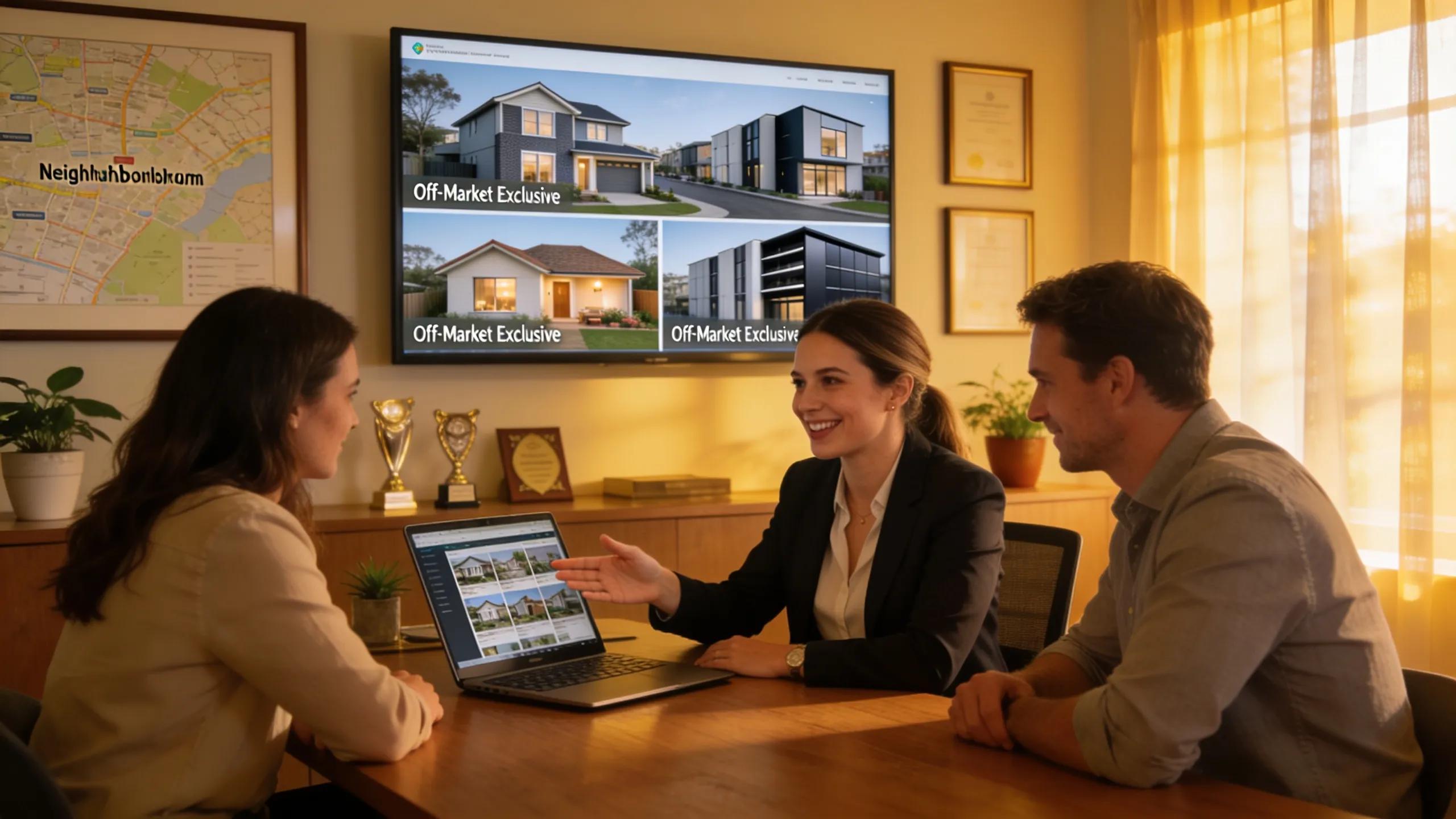 Buyer agent assisting clients with off-market listings in a welcoming office setting