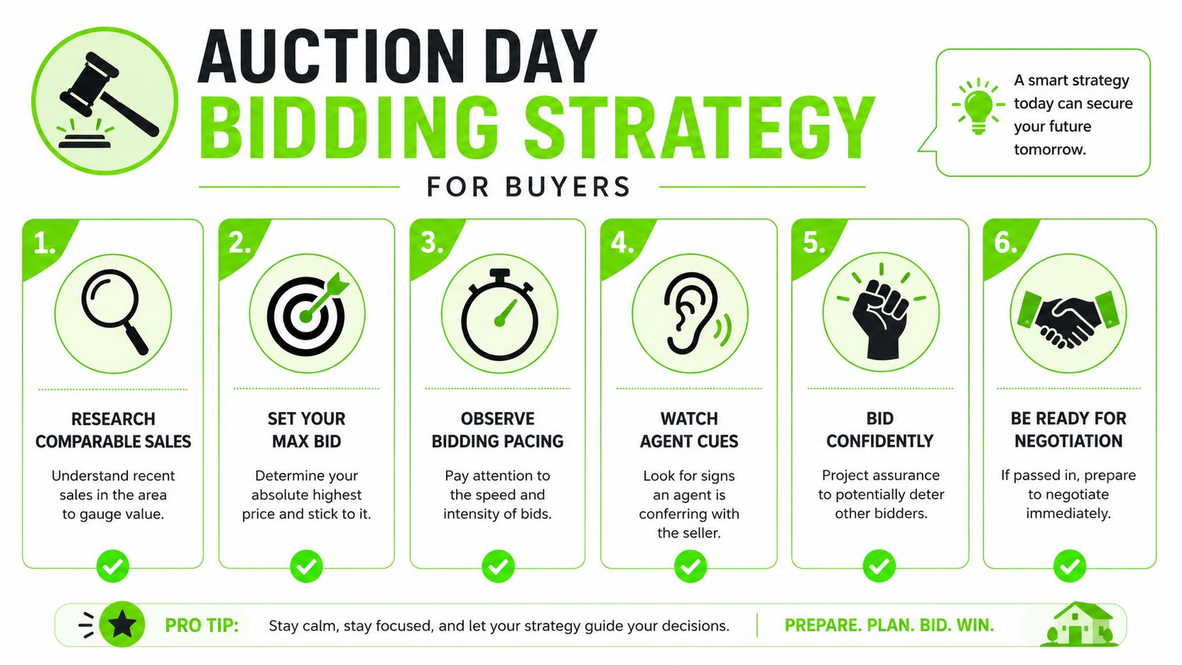 An infographic titled Auction Day Bidding Strategy for Buyers listing six essential steps for property bidding.