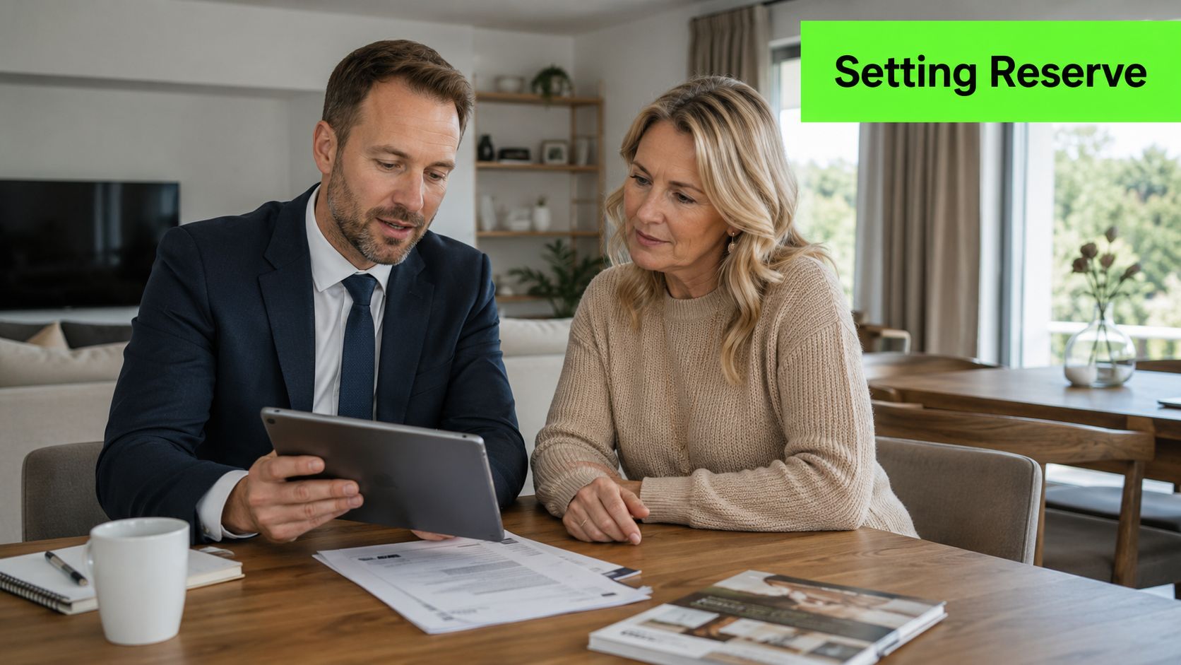 A professional financial advisor discusses auction reserve price details with a client while using a digital tablet.