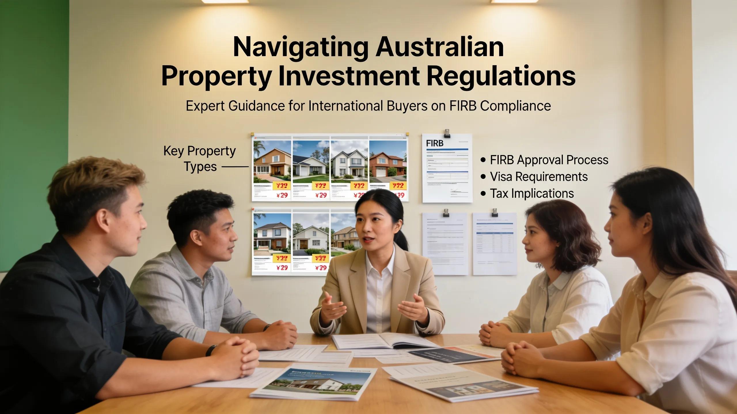 Diverse group discussing FIRB regulations with a buyers agent in a professional setting, focusing on international property investment