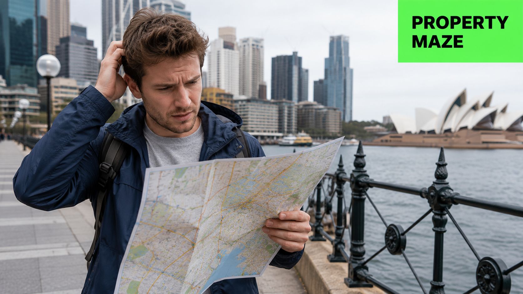 A confused man looking at a map while standing near the Sydney Opera House harbor waterfront.