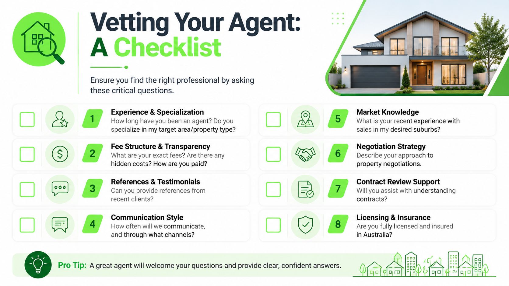 An infographic checklist for vetting a real estate agent with eight essential questions for potential buyers.