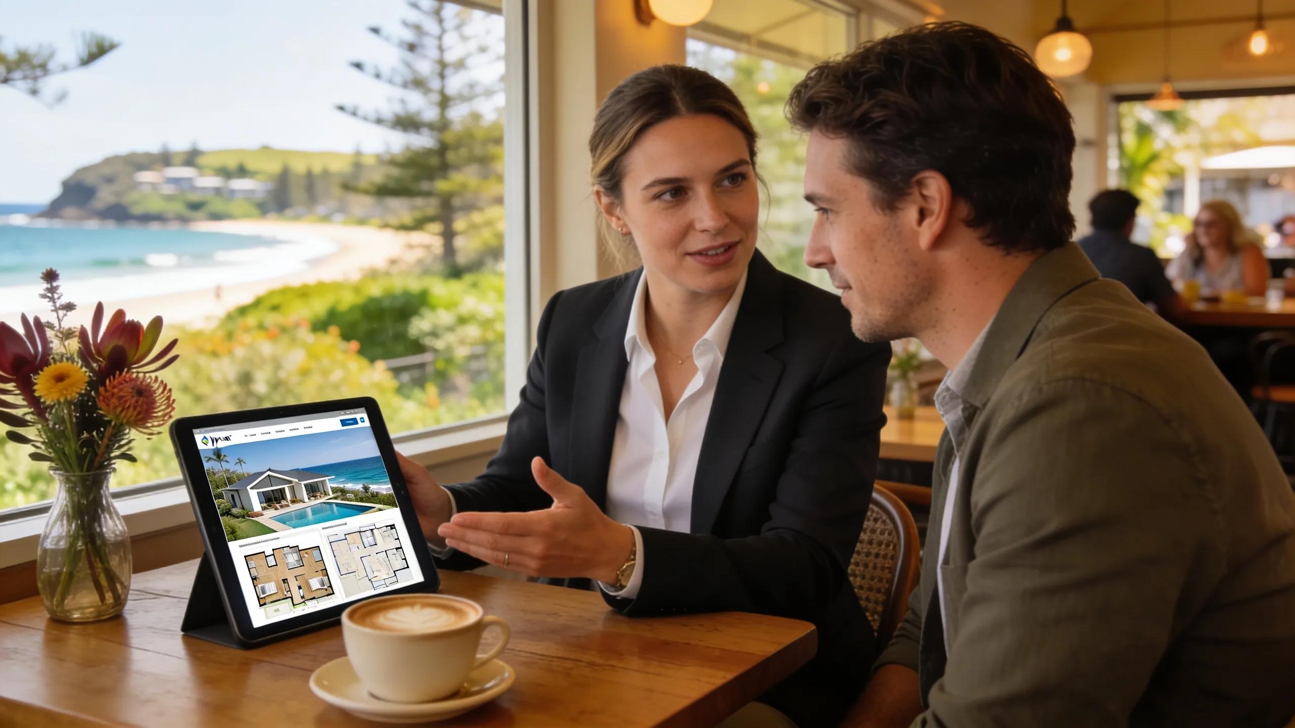 Buyers agent showing off-market property listing to a client in a coffee shop
