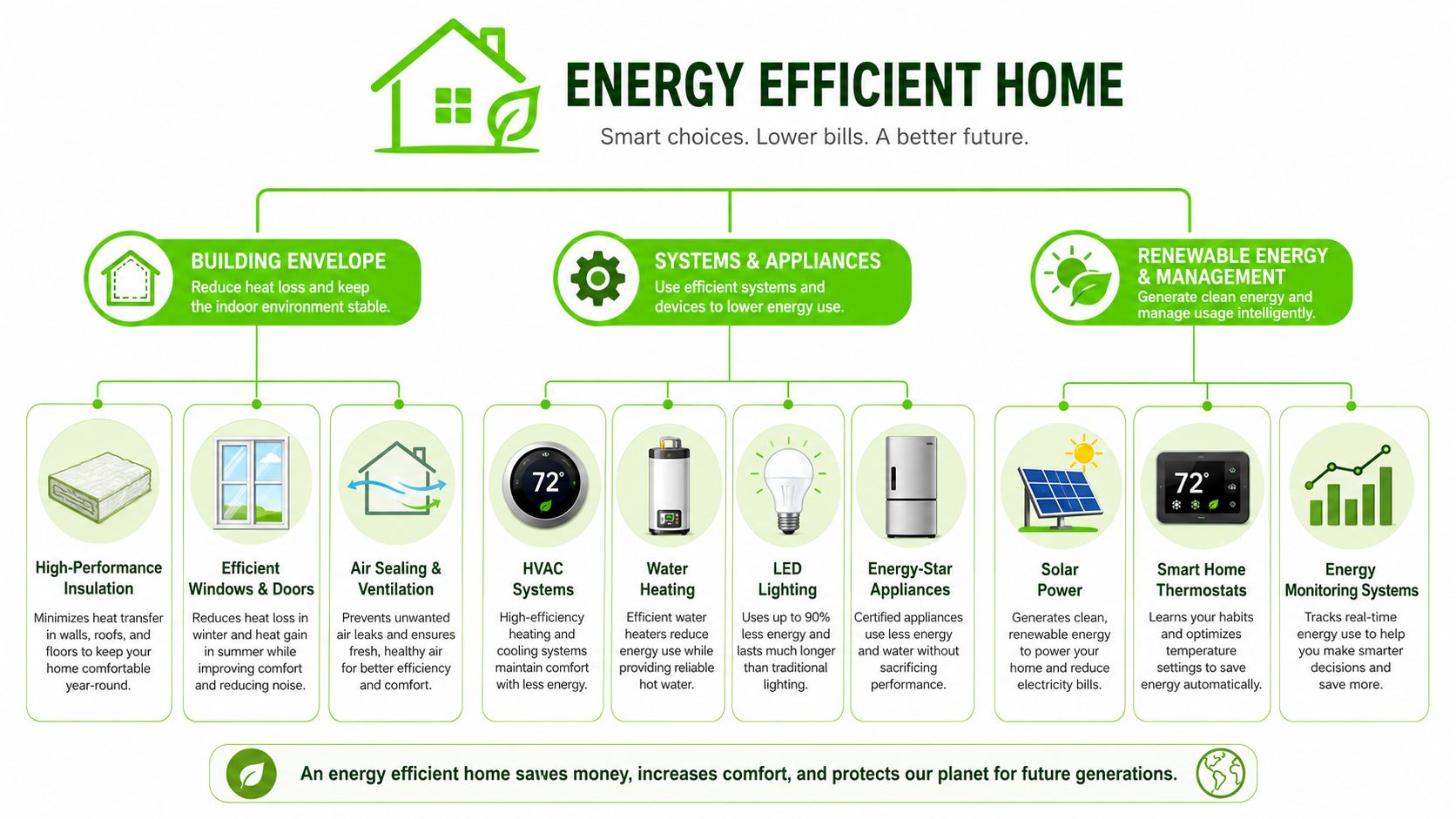 An infographic showing various features of an energy efficient home, including insulation, appliances, and renewable energy systems.