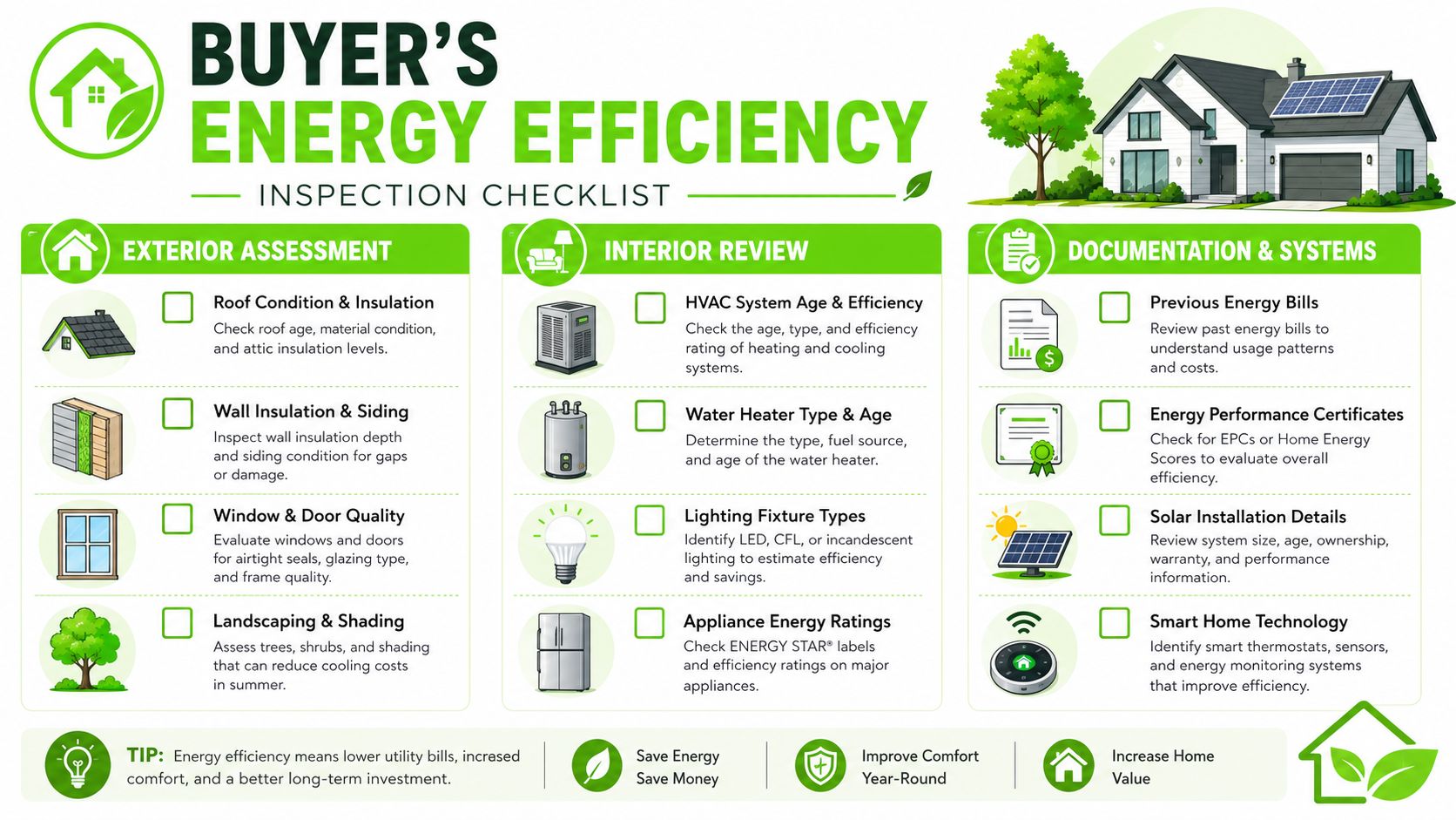 A comprehensive buyer's energy efficiency inspection checklist for evaluating home energy performance and systems.