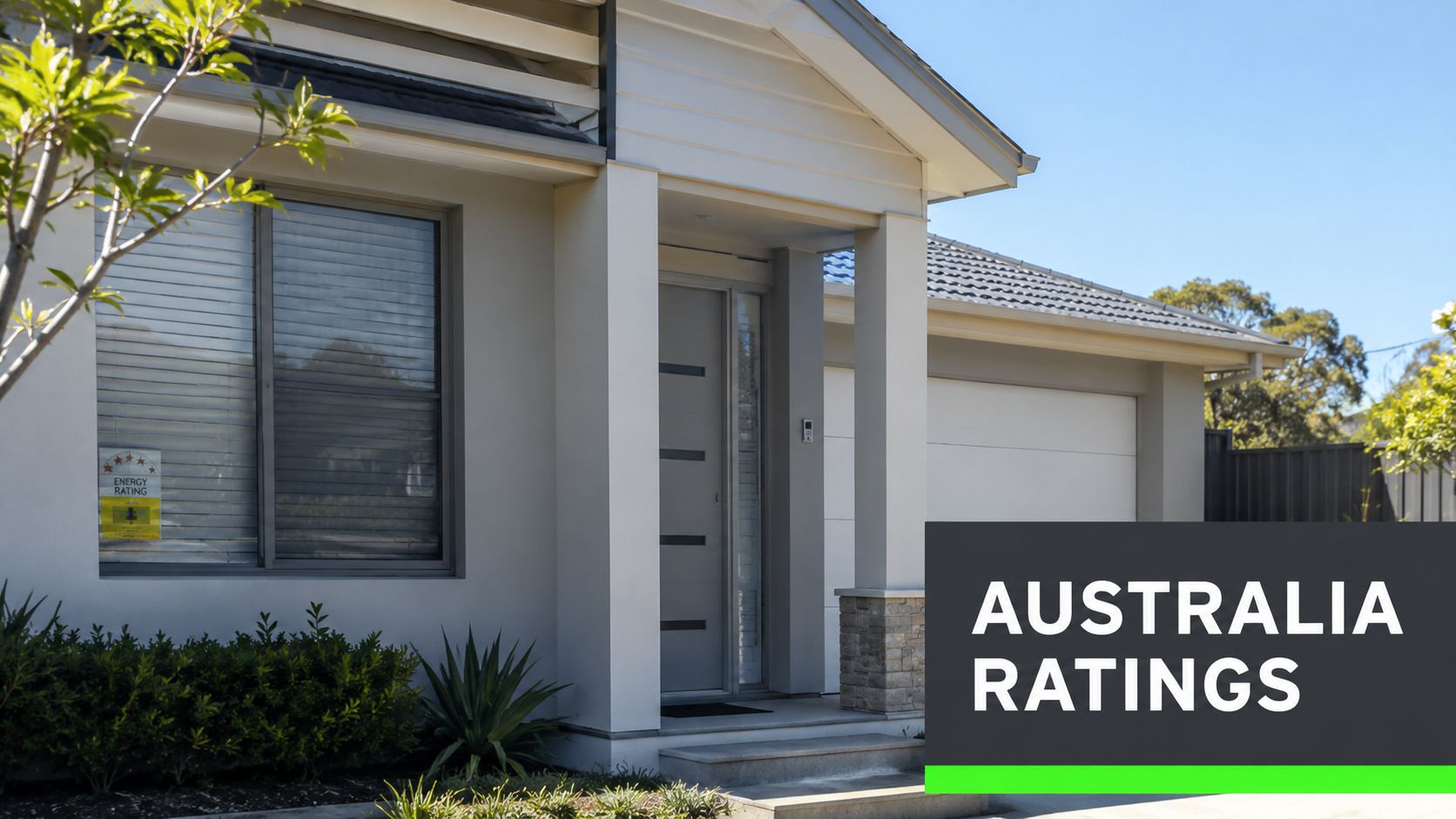 A modern suburban house exterior featuring a visible energy rating label on the window panel.
