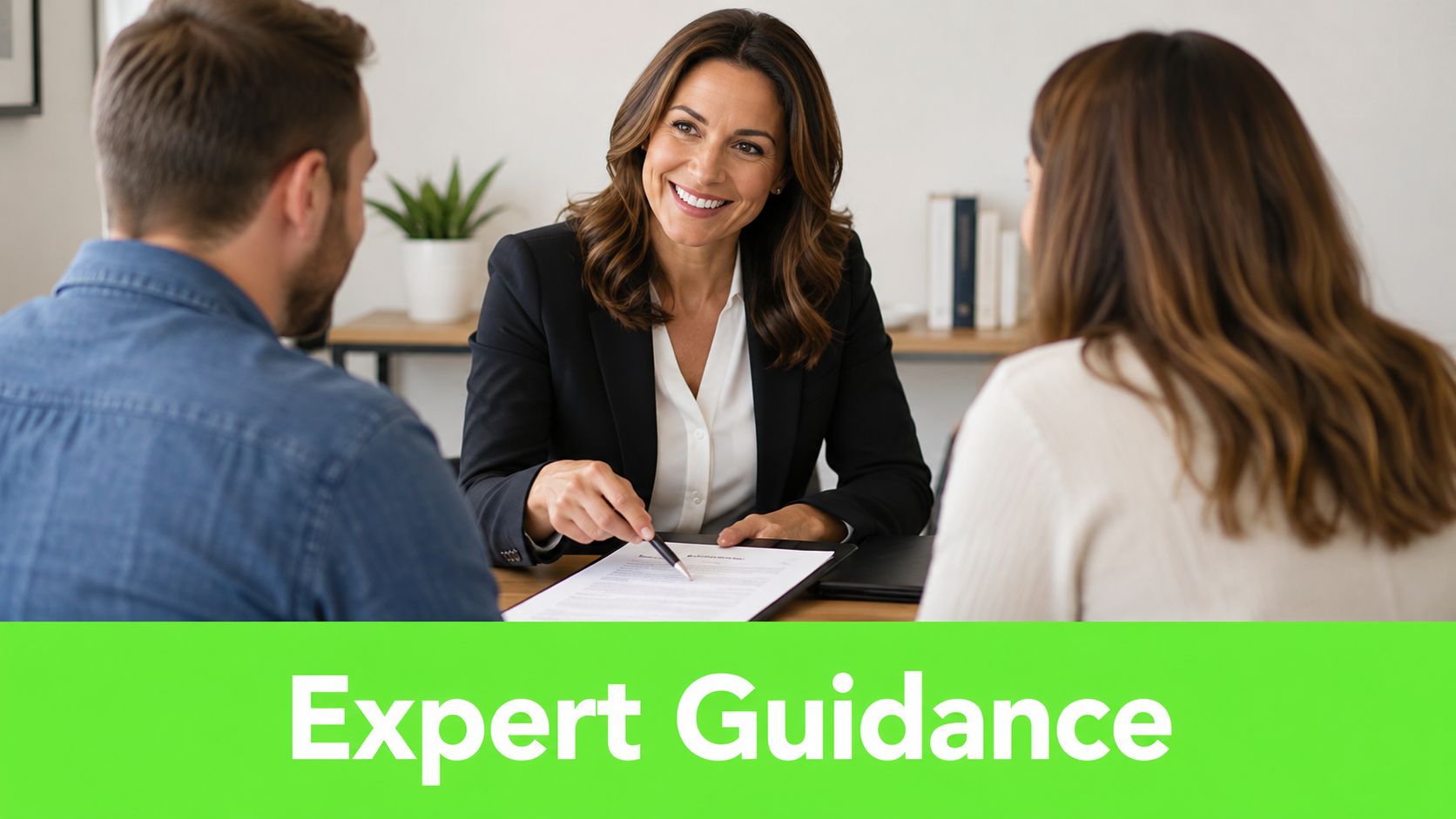 A professional financial advisor smiles while explaining documents to a young couple during a meeting.