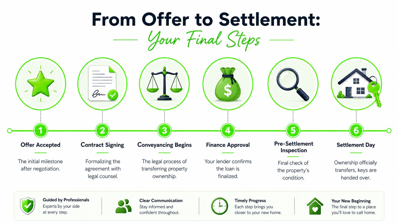 A six-step infographic guide titled From Offer to Settlement showing the home buying process from acceptance to final ownership.