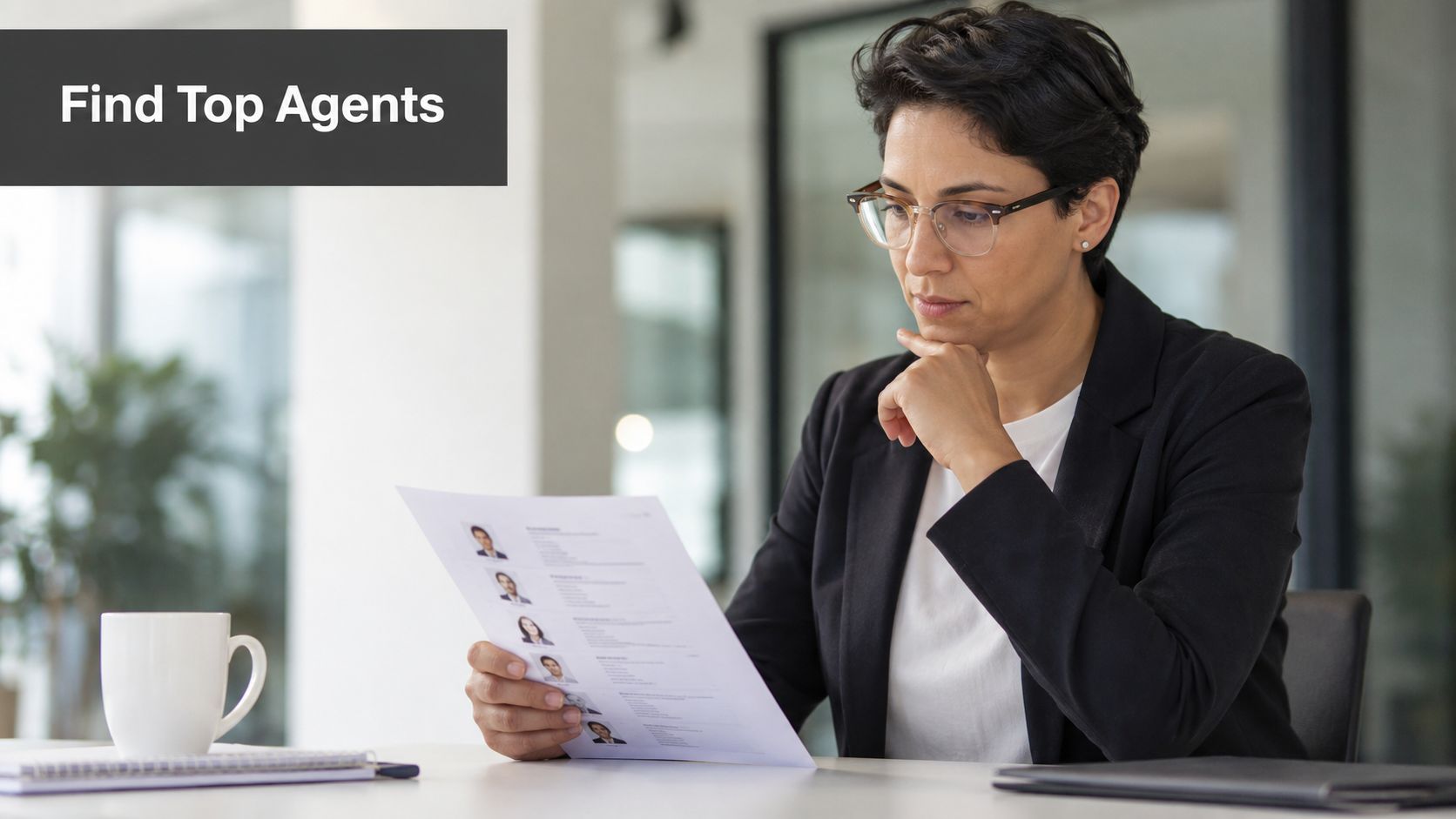 A professional woman in a blazer carefully reviewing candidate resumes to find top real estate agents.