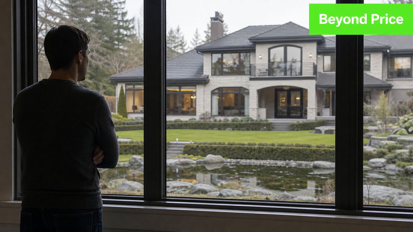 A man stands looking out a large window at a luxurious suburban mansion with a pond.