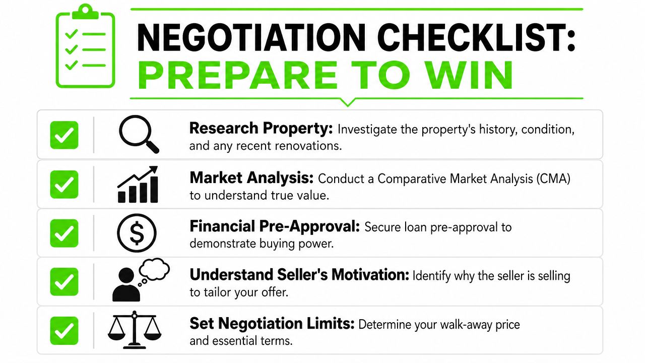A checklist infographic titled Negotiation Checklist: Prepare to Win, outlining five essential steps for real estate negotiations.