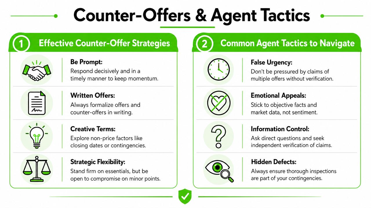 A professional infographic titled Counter-Offers and Agent Tactics explaining strategies for real estate negotiations.